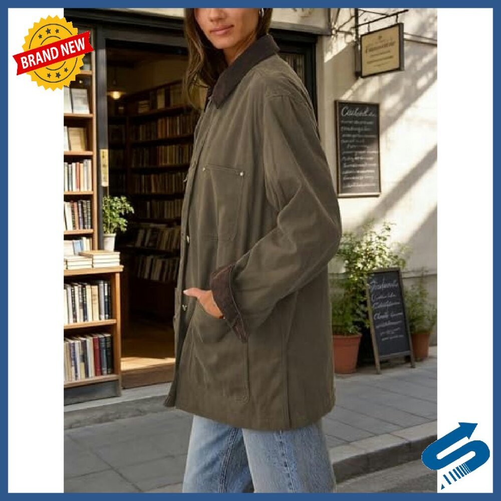 Oversized Cotton Utility Jacket with Corduroy Collar & Pockets - Picture 3 of 8